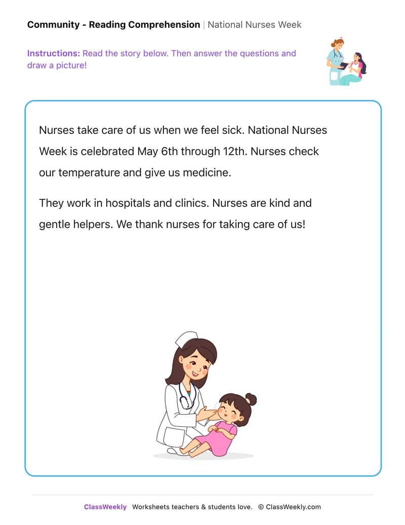 National Nurses Week - Kindergarten worksheet preview