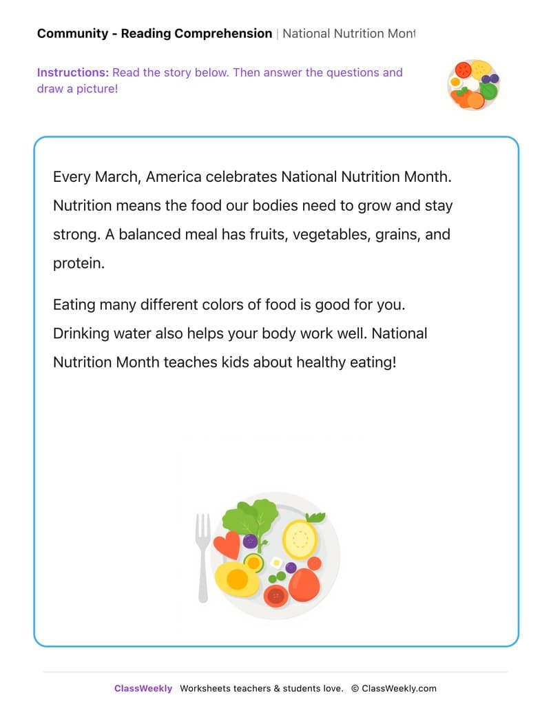 National Nutrition Month - Kindergarten worksheet preview