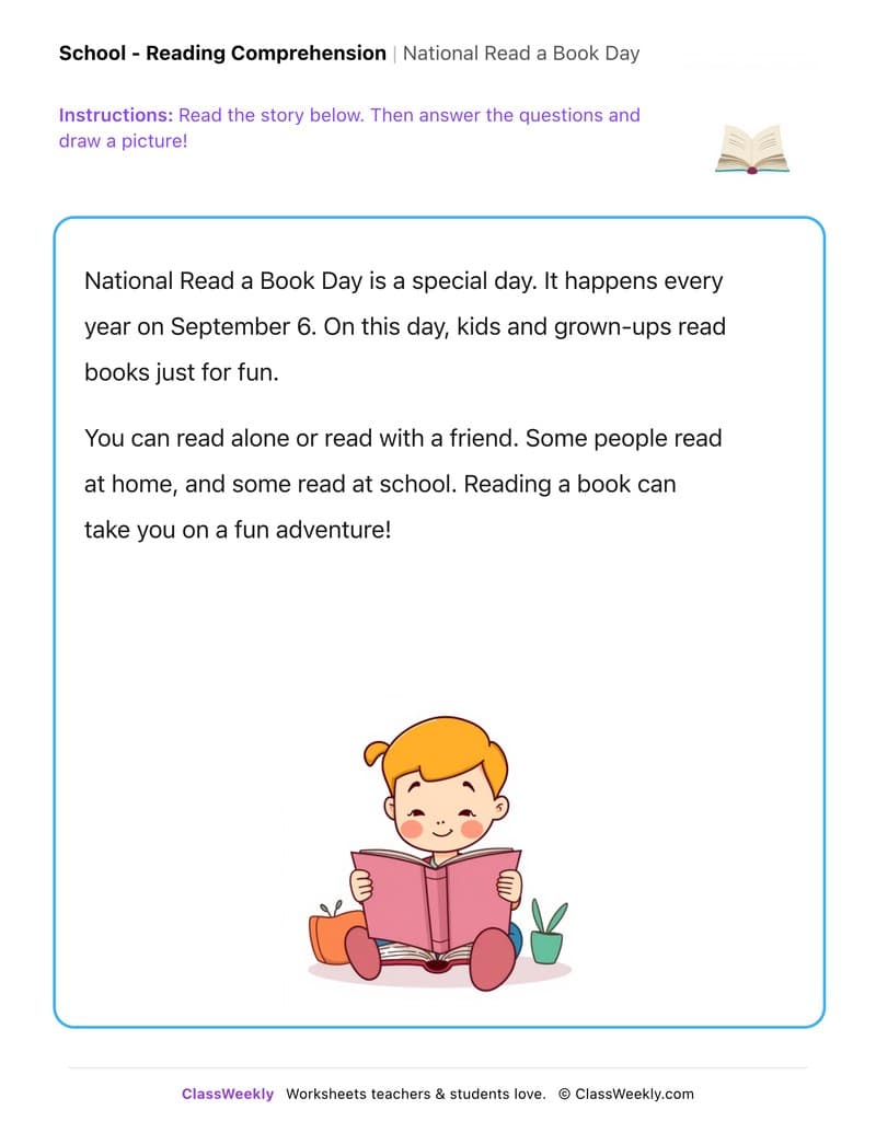 National Read a Book Day - Kindergarten worksheet preview