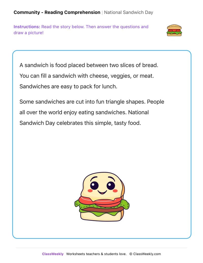 National Sandwich Day - Kindergarten worksheet preview