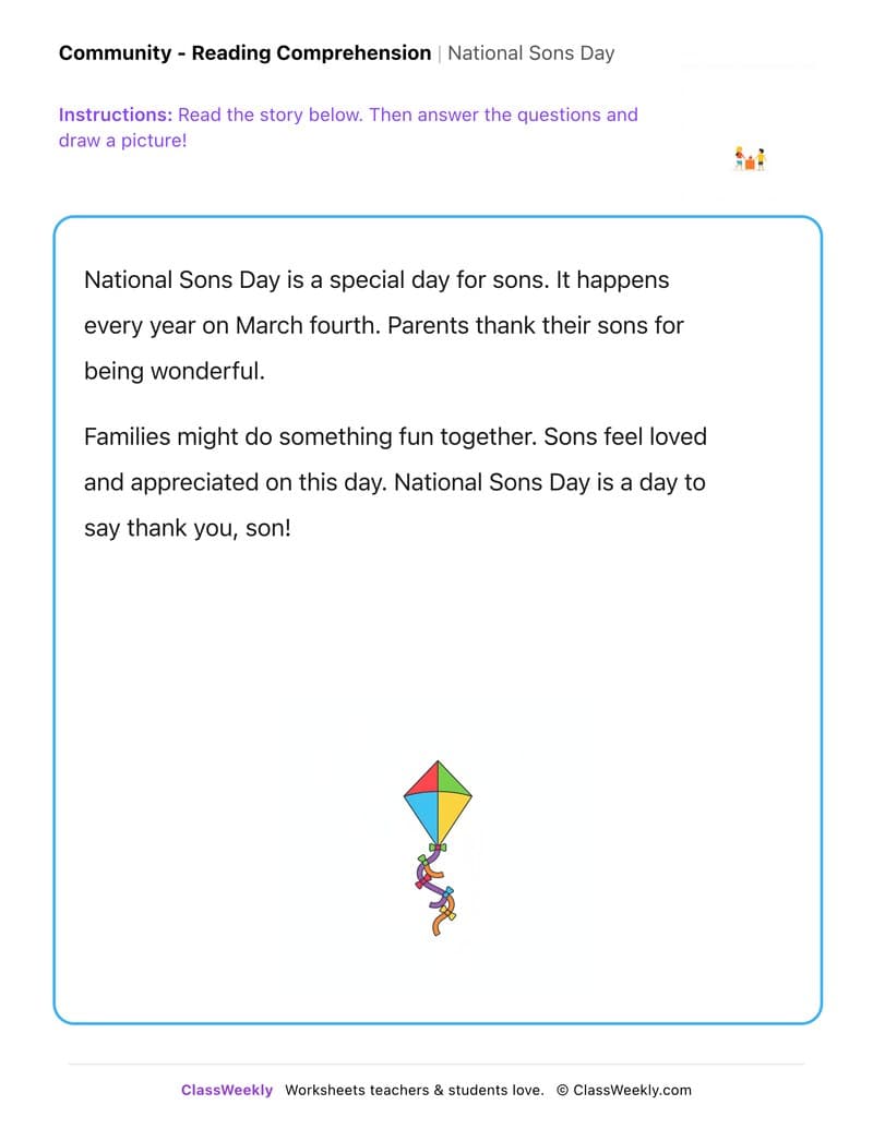 National Sons Day - Kindergarten worksheet preview