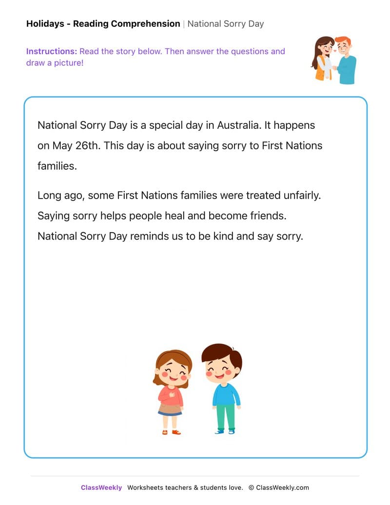 National Sorry Day - Kindergarten worksheet preview