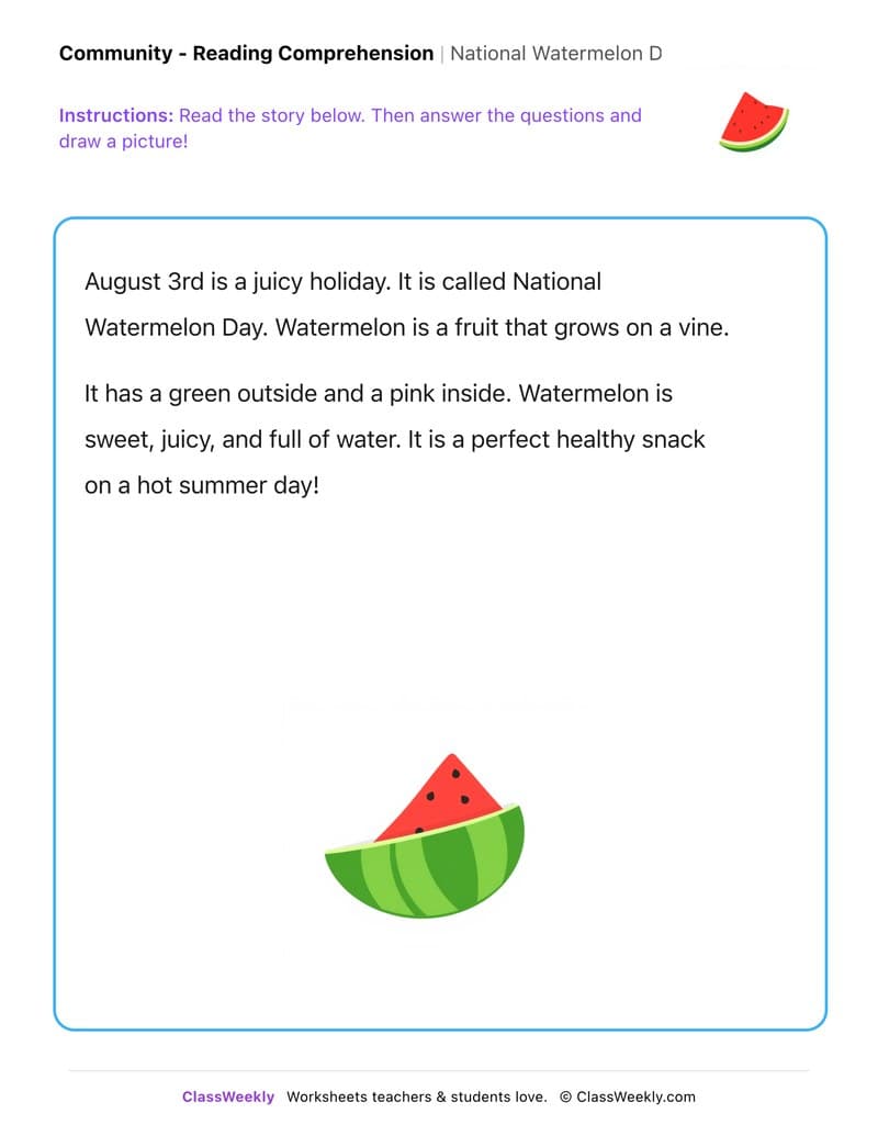 National Watermelon Day - Kindergarten worksheet preview