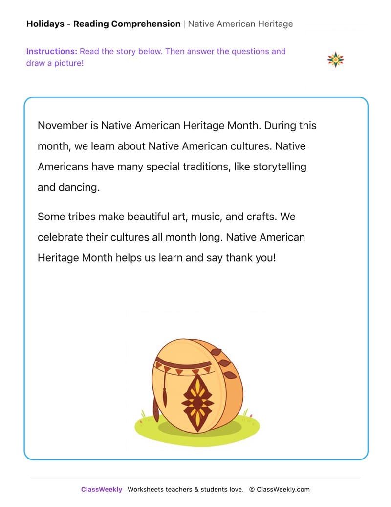Native American Heritage Month - Kindergarten worksheet preview