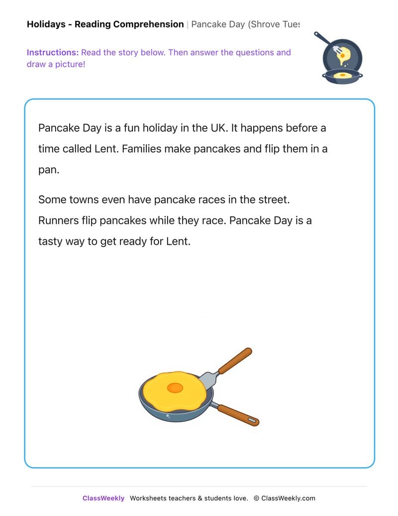 Pancake Day (Shrove Tuesday) - Kindergarten worksheet preview