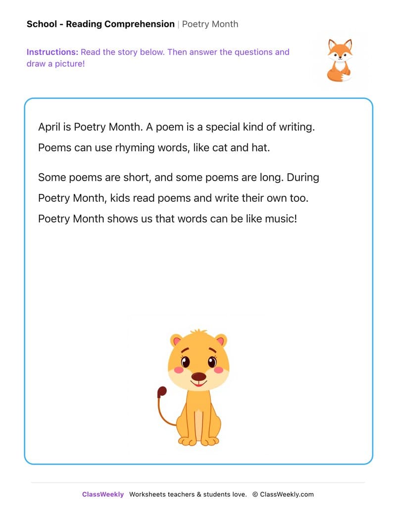 Poetry Month - Kindergarten worksheet preview