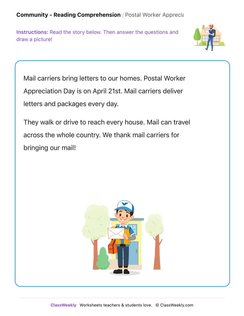 Postal Worker Appreciation Day - Kindergarten worksheet preview