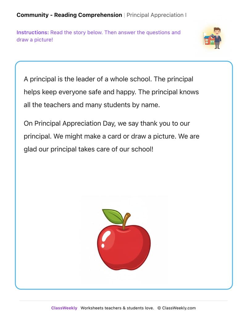 Principal Appreciation Day - Kindergarten worksheet preview