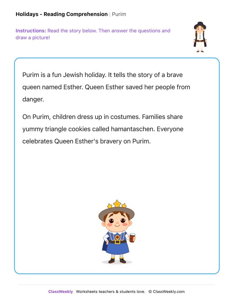 Purim - Kindergarten worksheet preview