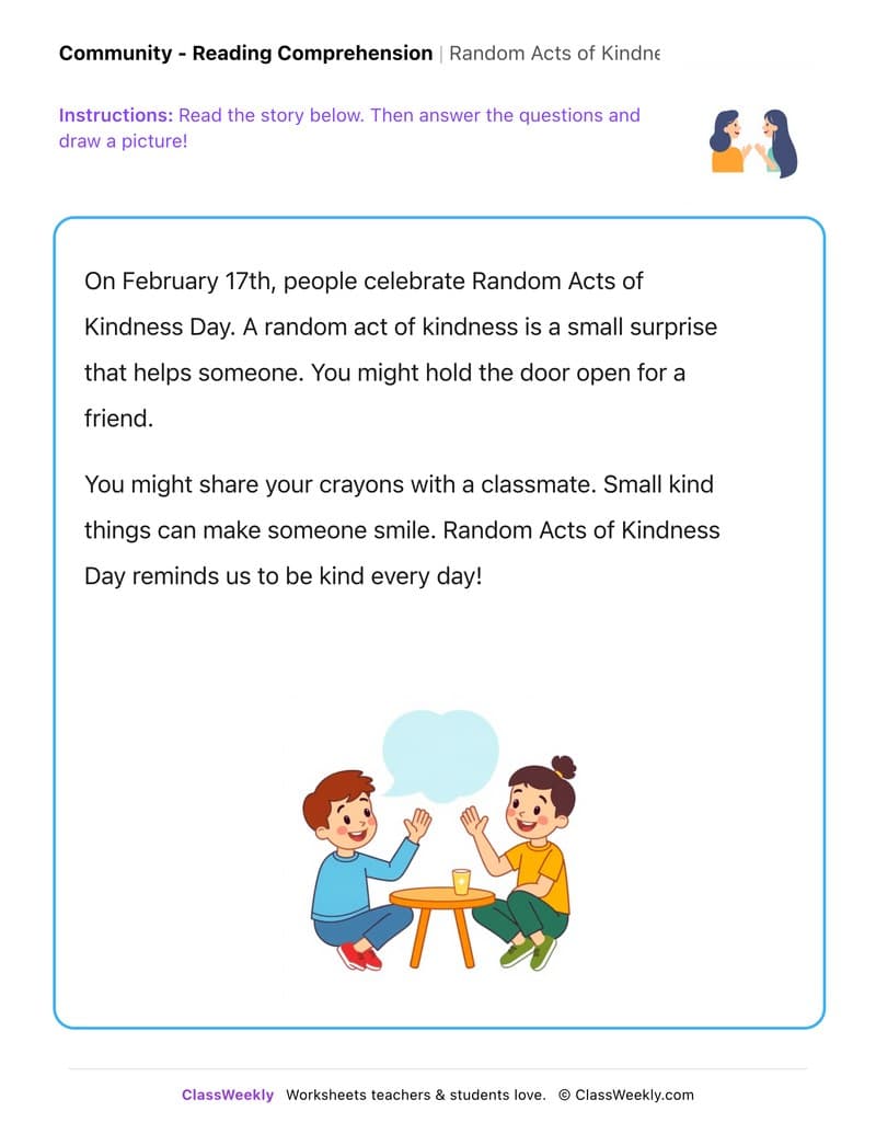 Random Acts of Kindness Day - Kindergarten worksheet preview