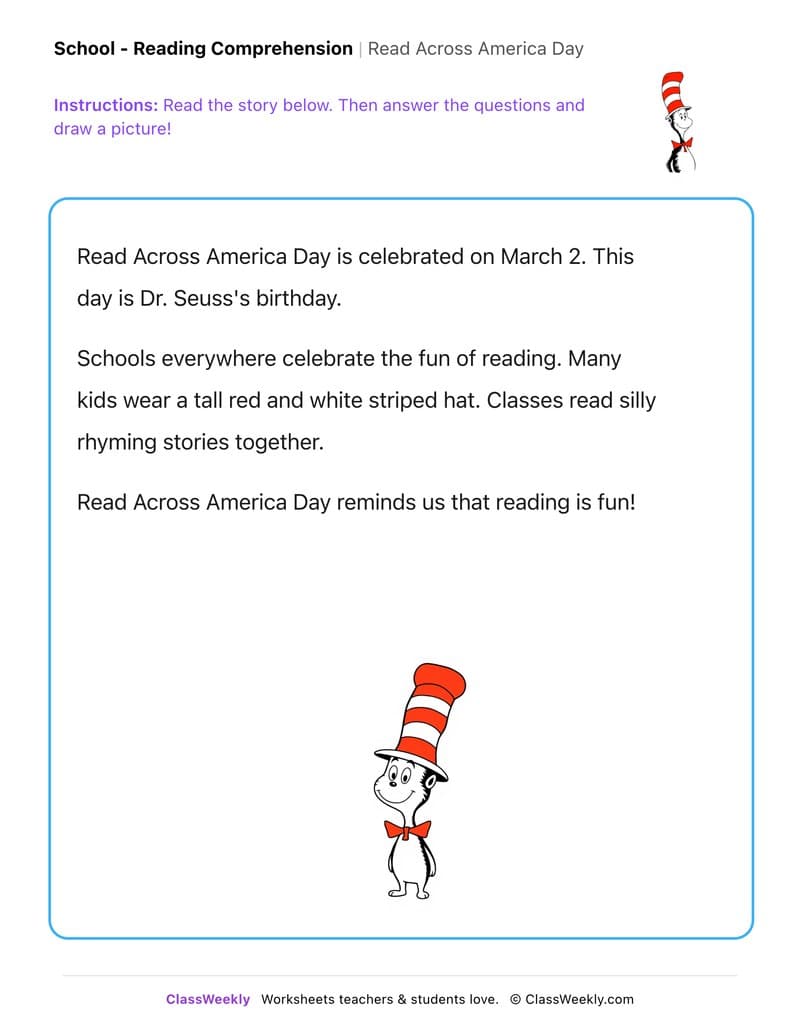 Read Across America Day - Kindergarten worksheet preview