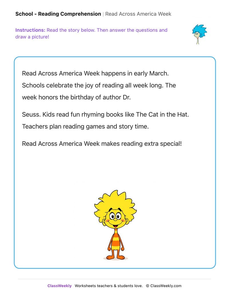 Read Across America Week - Kindergarten worksheet preview