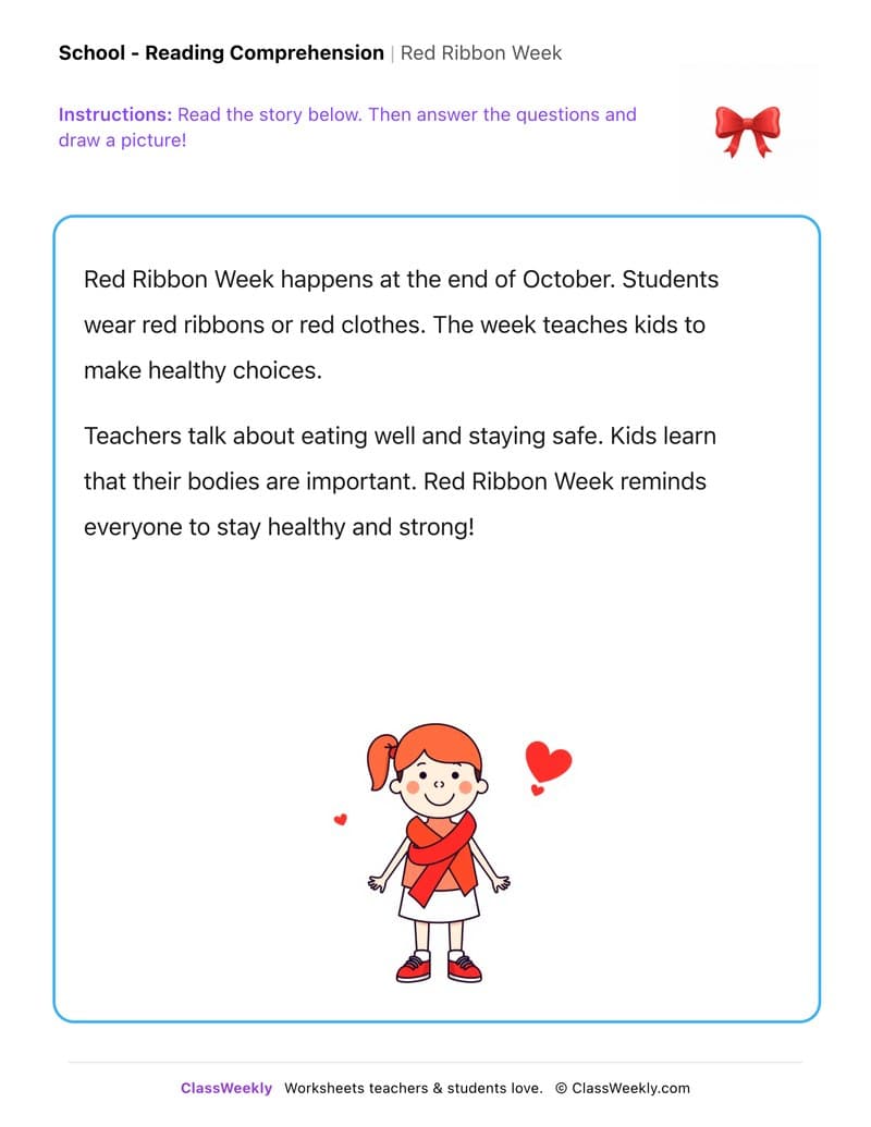 Red Ribbon Week - Kindergarten worksheet preview