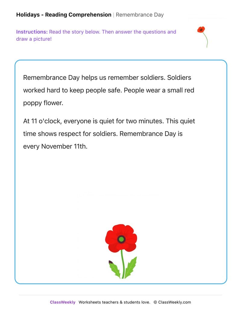 Remembrance Day - Kindergarten worksheet preview