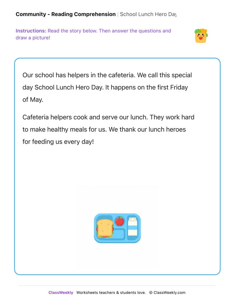 School Lunch Hero Day - Kindergarten worksheet preview