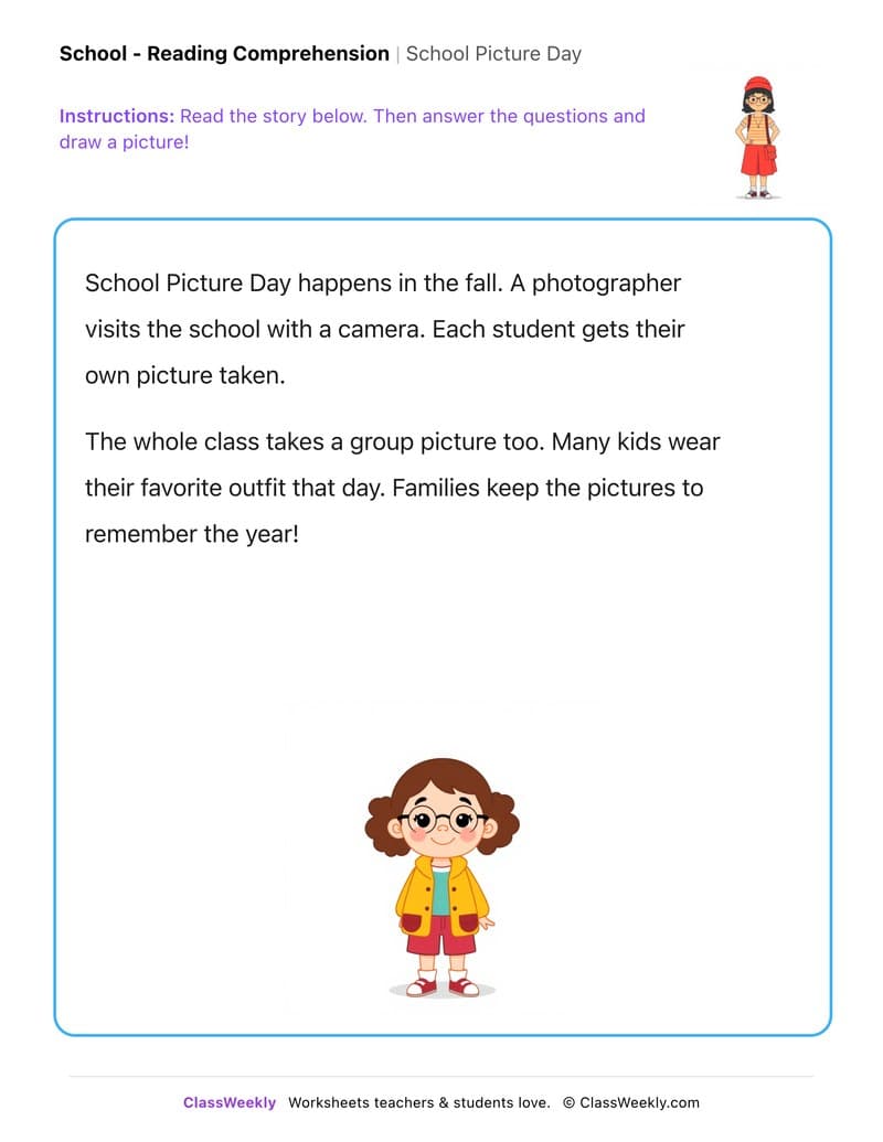 School Picture Day - Kindergarten worksheet preview