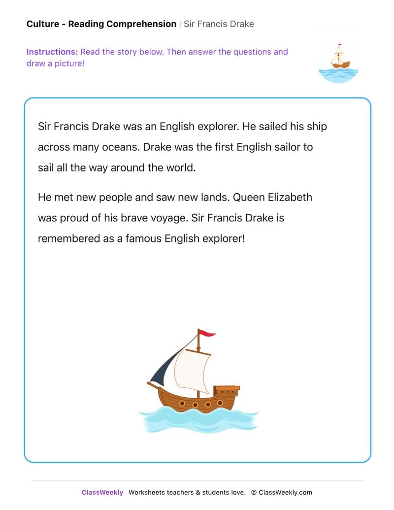 Sir Francis Drake - Kindergarten worksheet preview