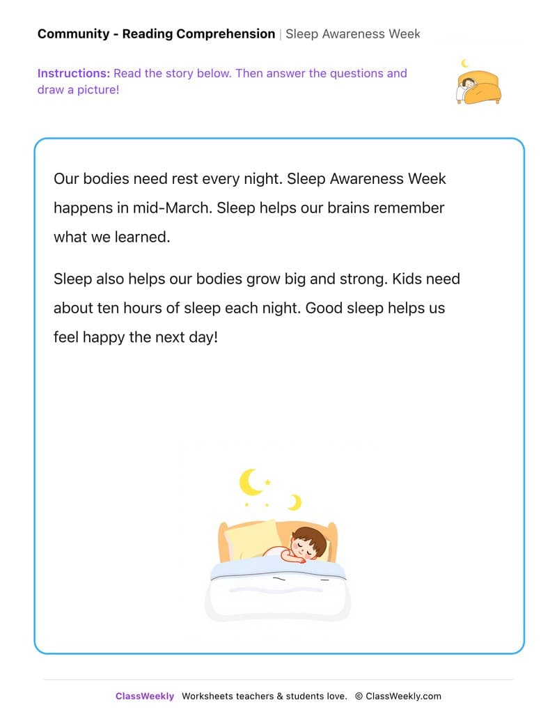 Sleep Awareness Week - Kindergarten worksheet preview