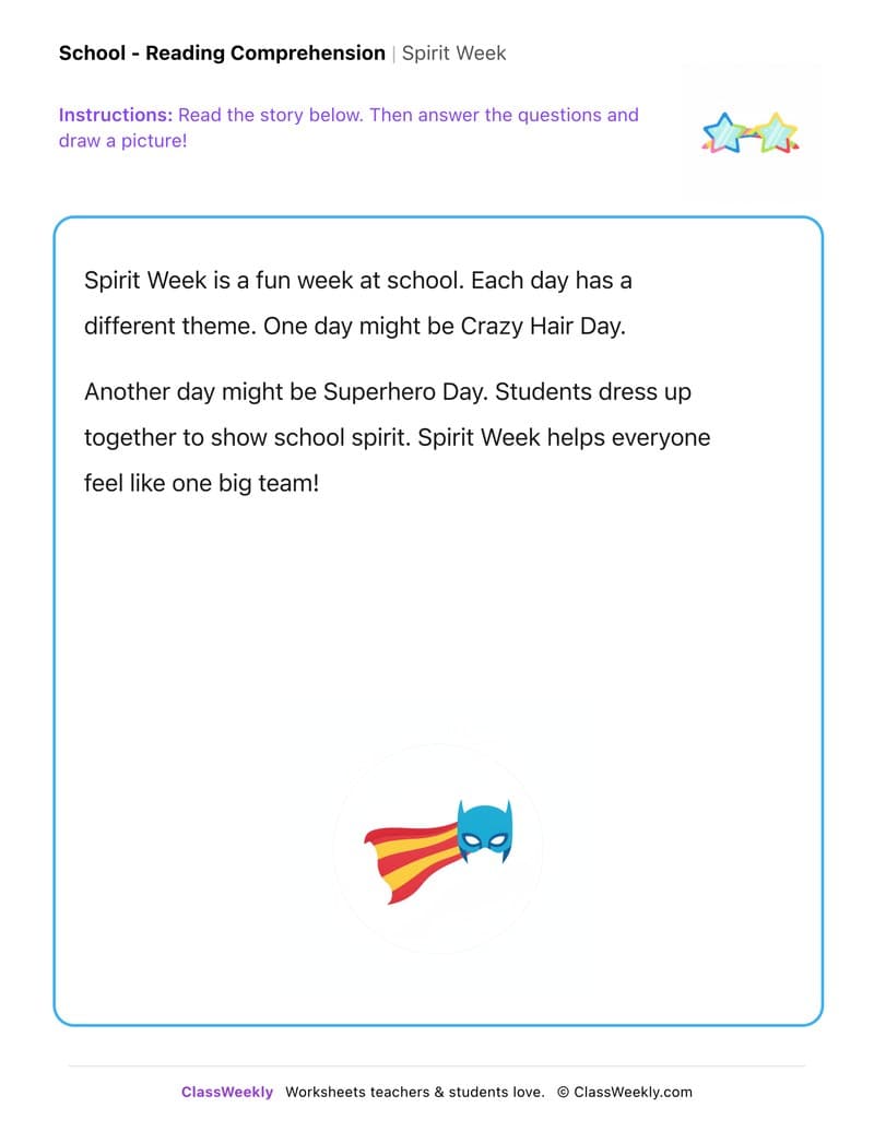 Spirit Week - Kindergarten worksheet preview