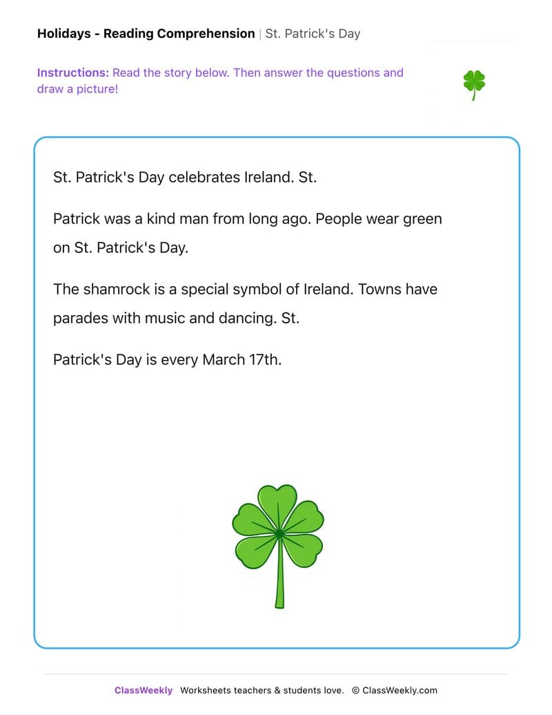 St. Patrick's Day - Kindergarten worksheet preview