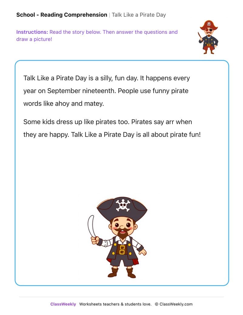 Talk Like a Pirate Day - Kindergarten worksheet preview