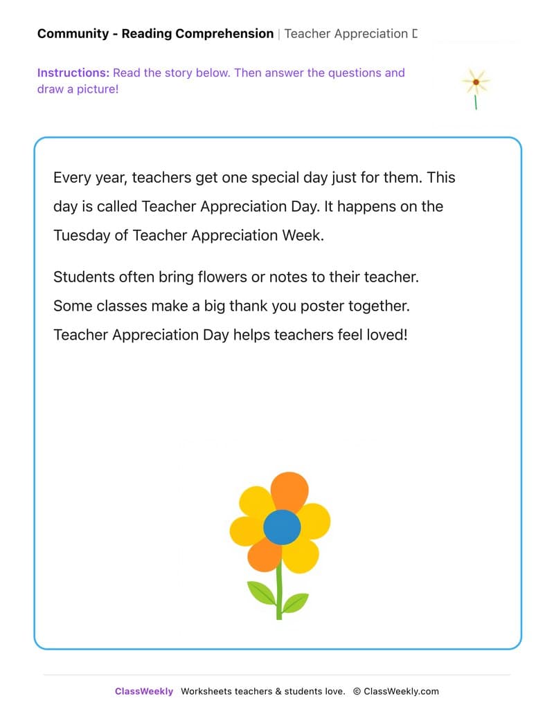 Teacher Appreciation Day - Kindergarten worksheet preview