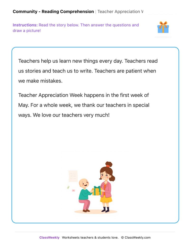 Teacher Appreciation Week - Kindergarten worksheet preview