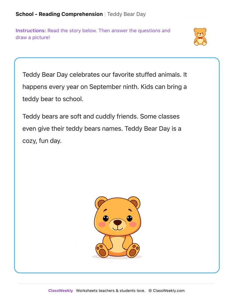 Teddy Bear Day - Kindergarten worksheet preview