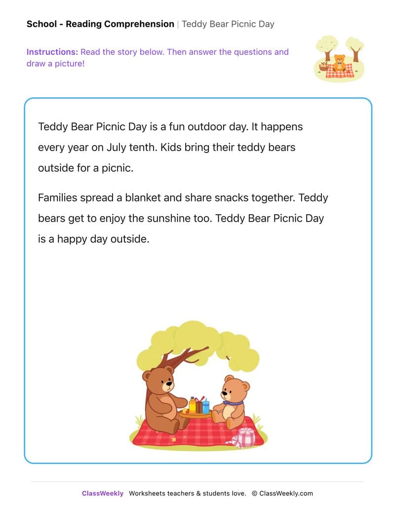 Teddy Bear Picnic Day - Kindergarten worksheet preview