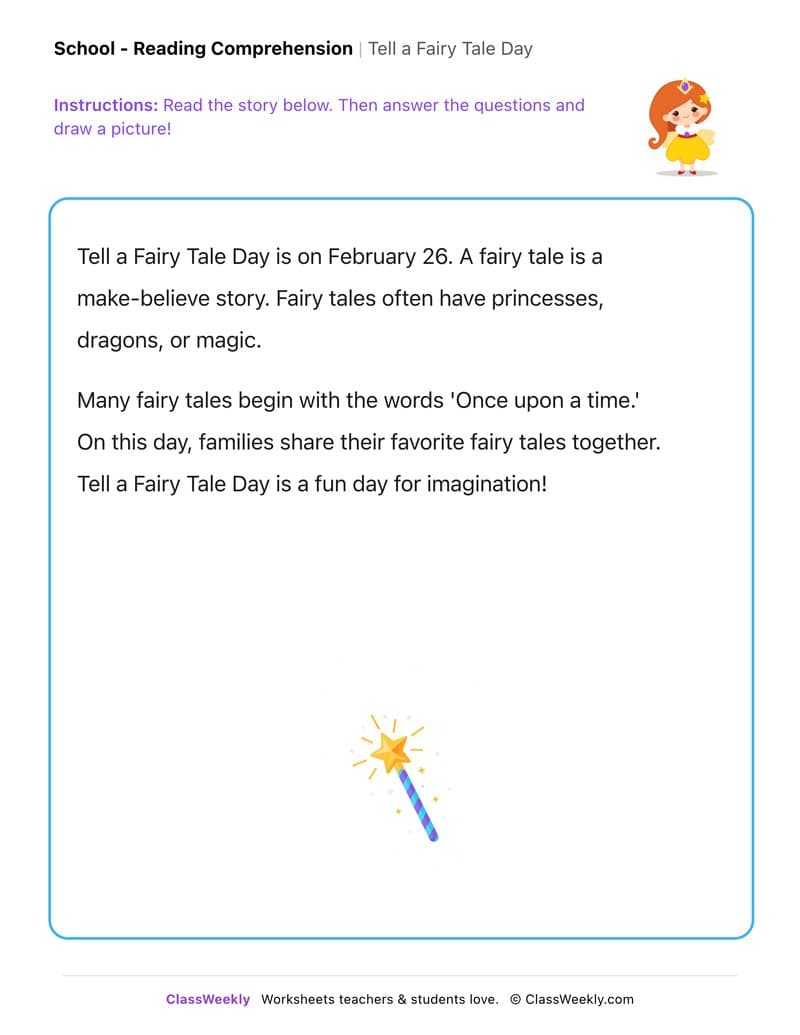 Tell a Fairy Tale Day - Kindergarten worksheet preview