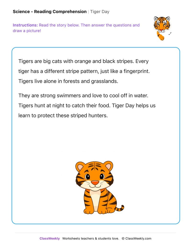 Tiger Day - Kindergarten worksheet preview