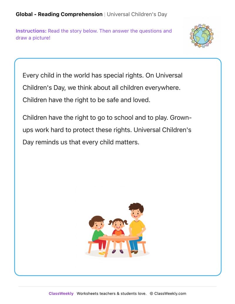 Universal Children's Day - Kindergarten worksheet preview