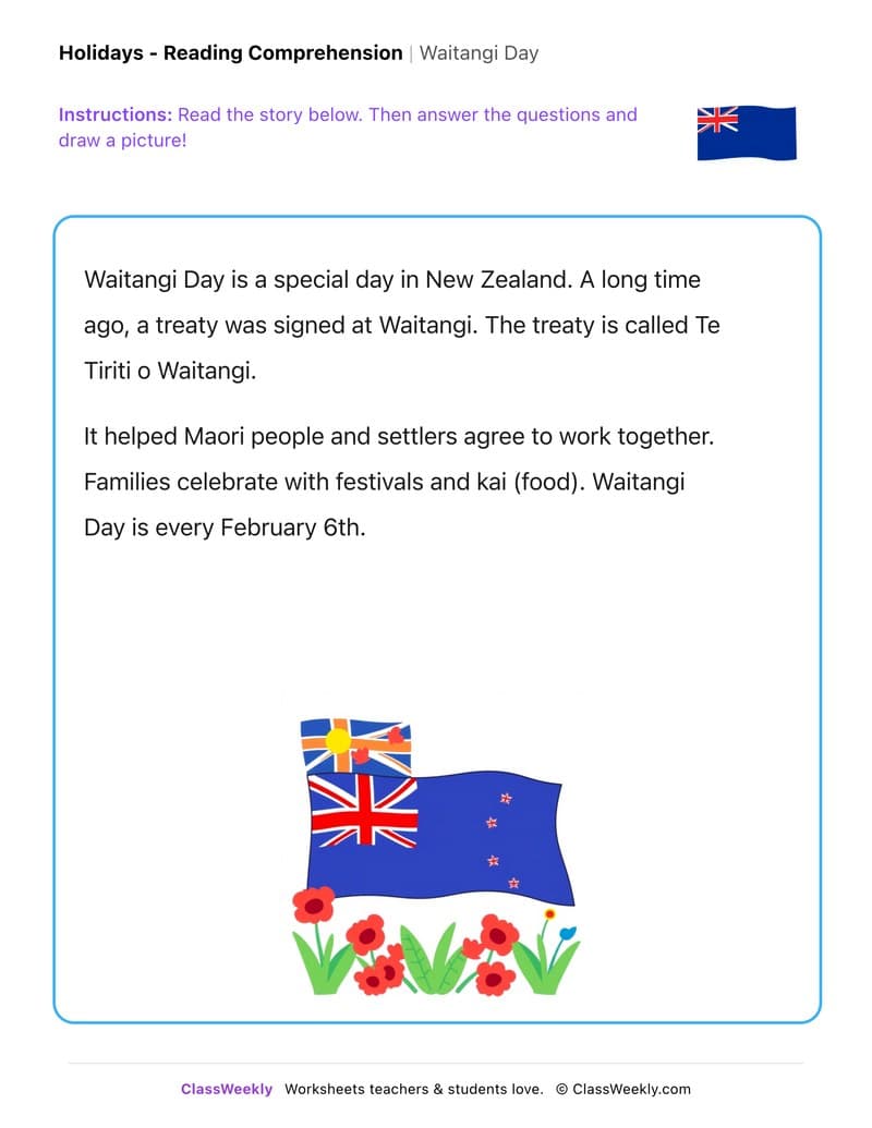 Waitangi Day - Kindergarten worksheet preview