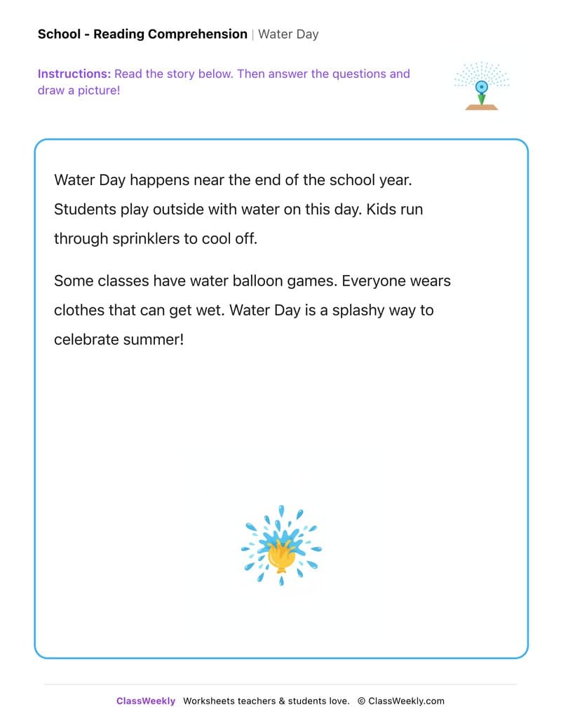 Water Day - Kindergarten worksheet preview