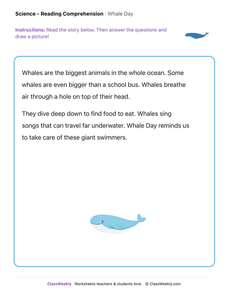Whale Day - Kindergarten worksheet preview