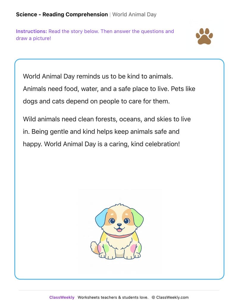 World Animal Day - Kindergarten worksheet preview