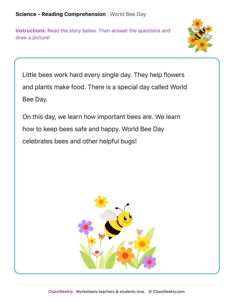 World Bee Day - Kindergarten worksheet preview