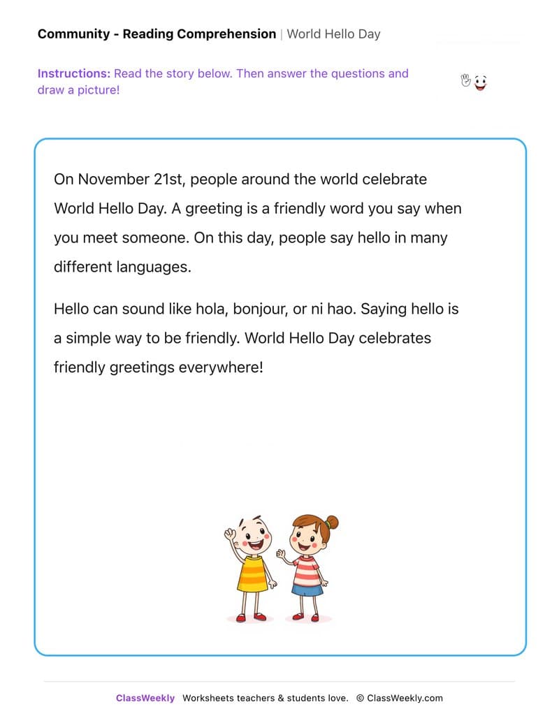 World Hello Day - Kindergarten worksheet preview