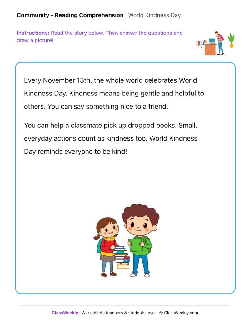 World Kindness Day - Kindergarten worksheet preview
