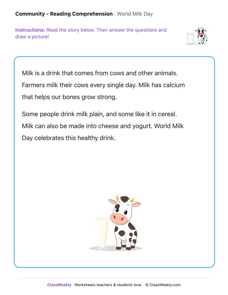 World Milk Day - Kindergarten worksheet preview