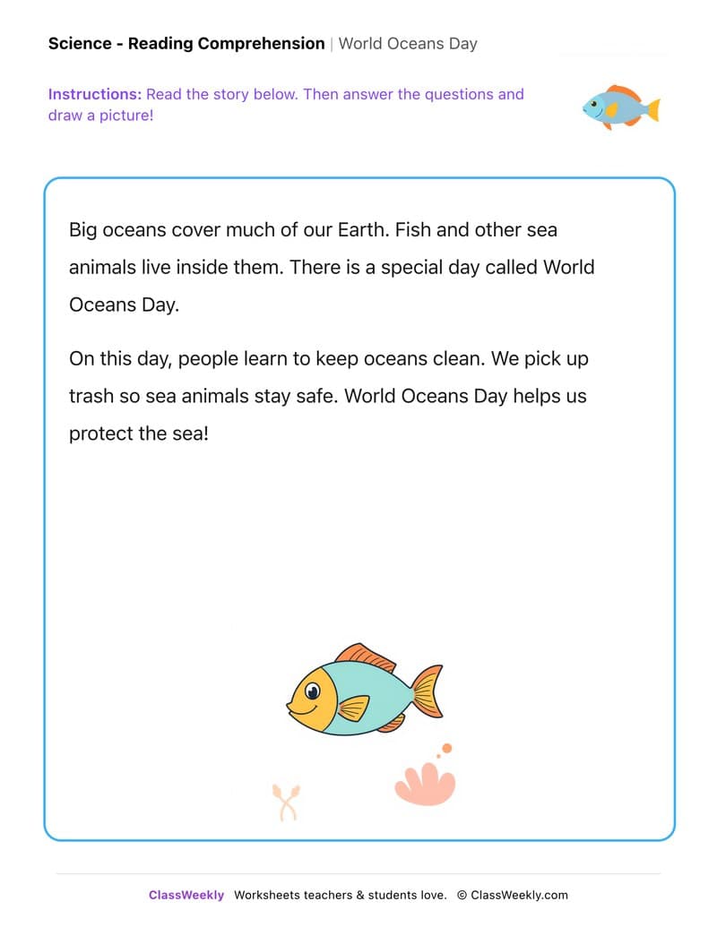 World Oceans Day - Kindergarten worksheet preview