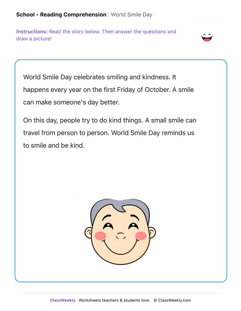 World Smile Day - Kindergarten worksheet preview