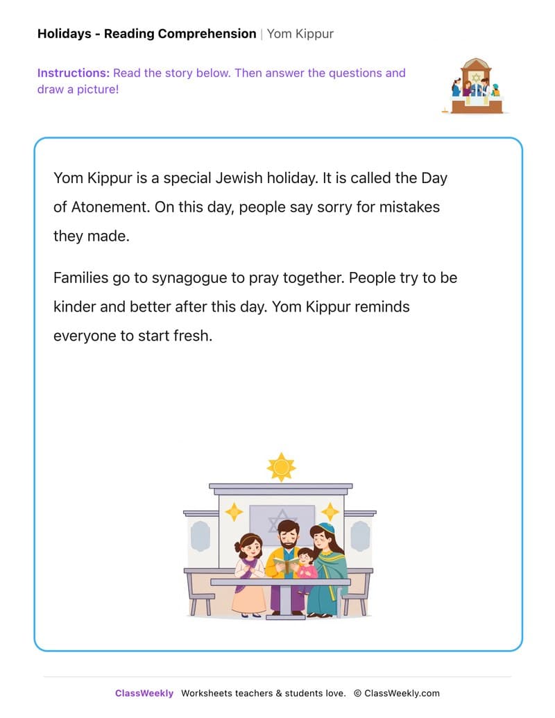 Yom Kippur - Kindergarten worksheet preview