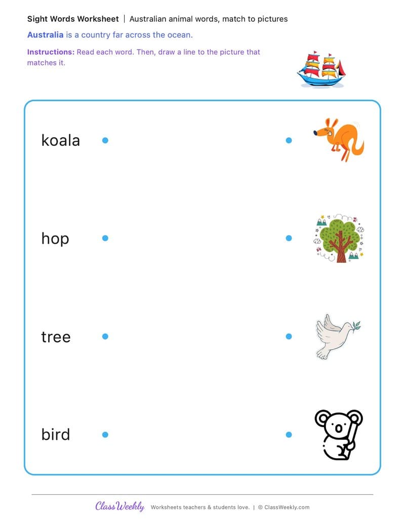 Australian animal words, match to pictures - Australia Day / ANZAC Day / Sorry Day - Kindergarten worksheet preview