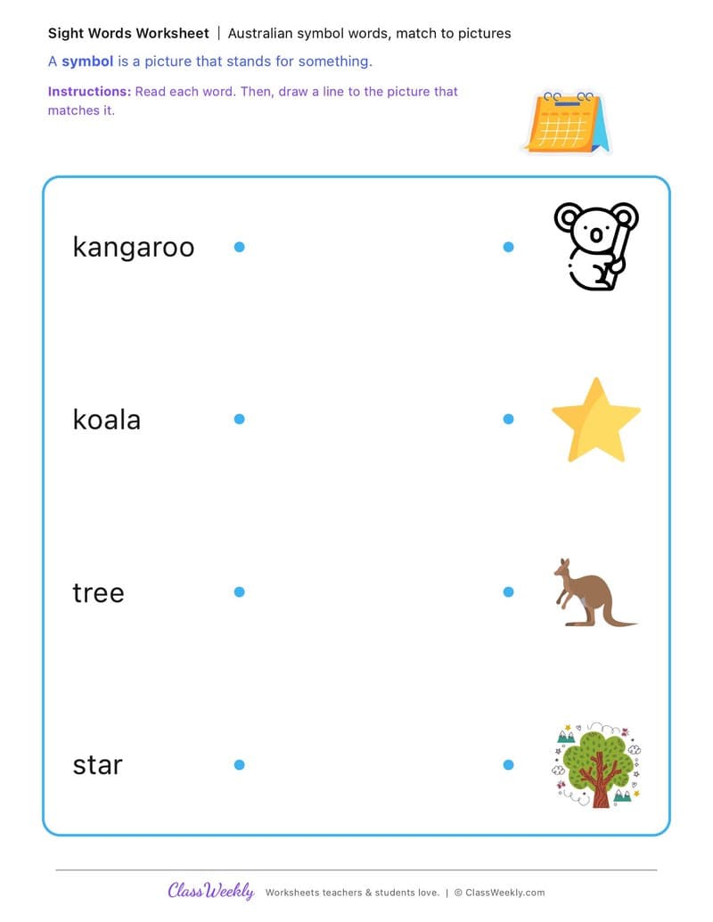 Australian symbol words, match to pictures - Australia's Identity, Celebrations and Commemorations - Kindergarten worksheet preview