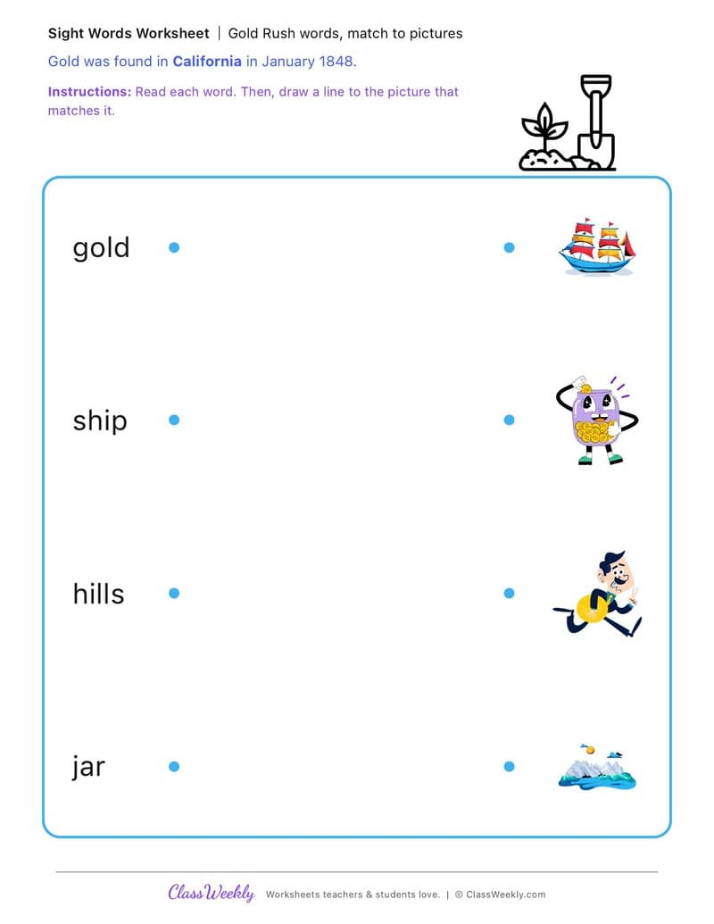 Gold Rush words, match to pictures - California Gold Rush - Kindergarten worksheet preview