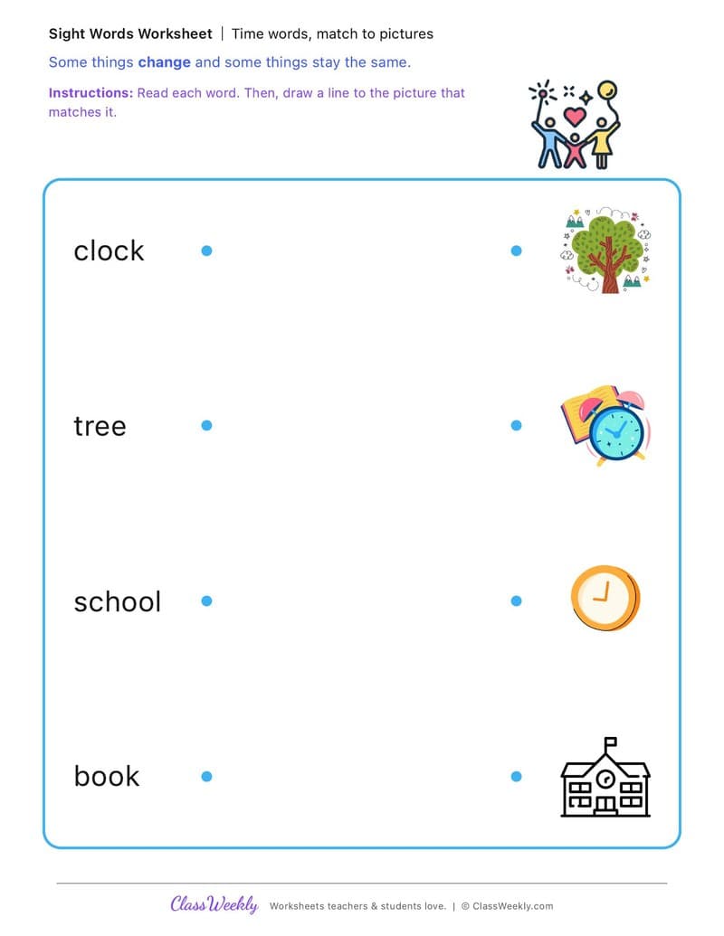 Time words, match to pictures - Change and Continuity - Kindergarten worksheet preview
