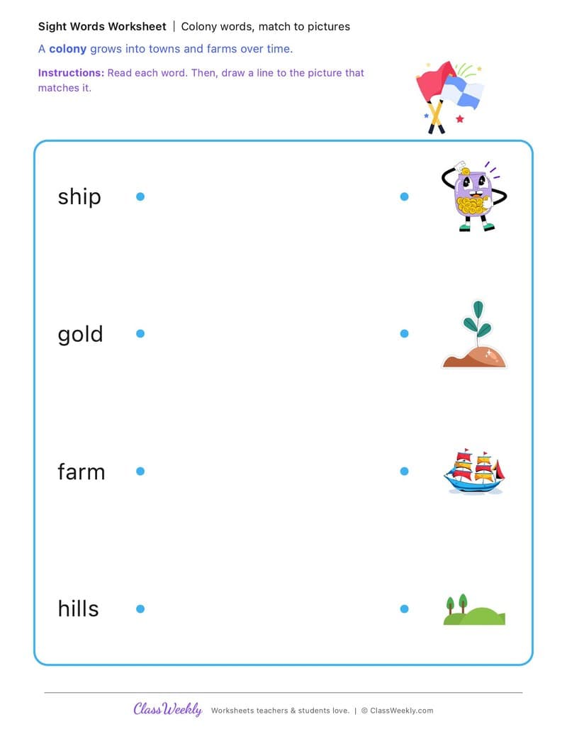 Colony words, match to pictures - Colonial Australia (British Colonisation) - Kindergarten worksheet preview