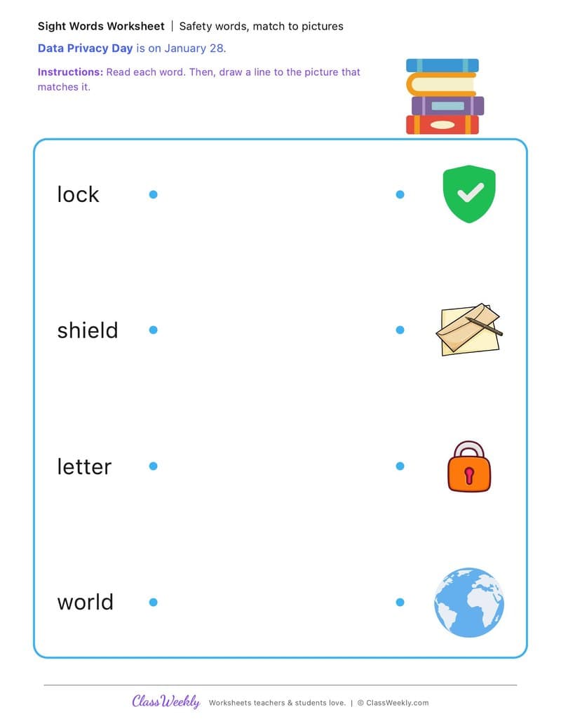 Safety words, match to pictures - Data Privacy Day - Kindergarten worksheet preview