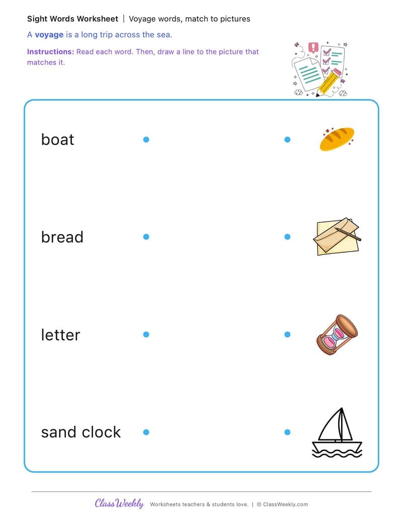 Voyage words, match to pictures - First Fleet Experiences - Kindergarten worksheet preview